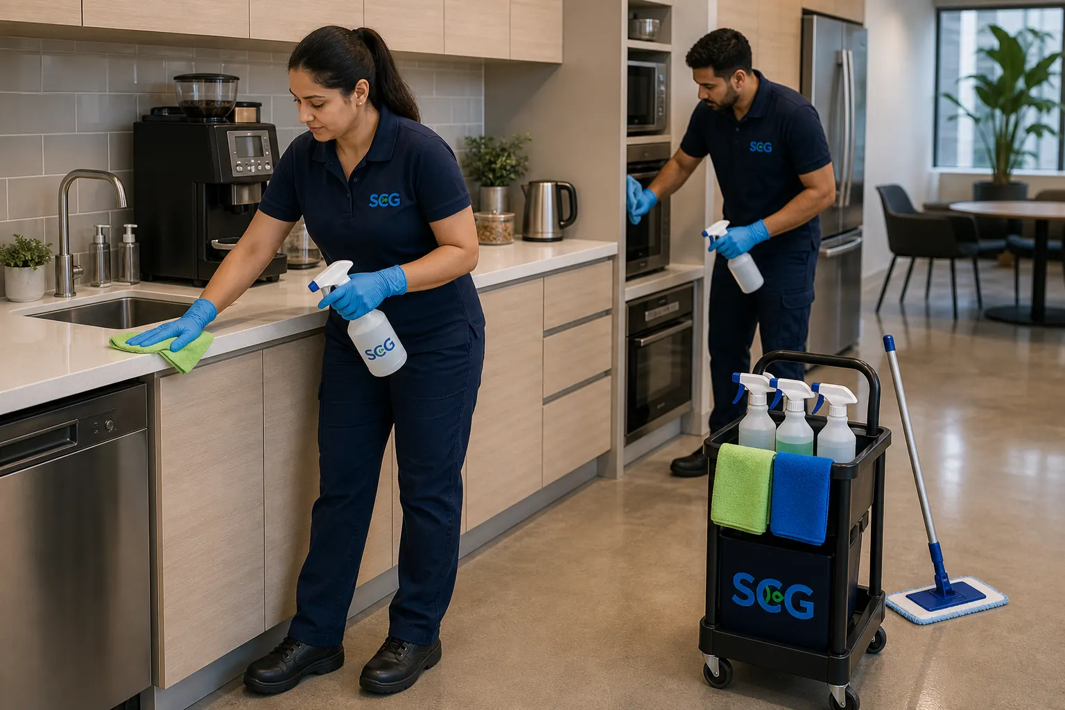 Sydney Clean Group cleaner working through an open-plan Pyrmont studio office after hours